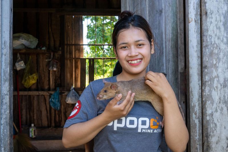 A photo of a young woman holding Ronin. The rat is standing on profile on her upper chest, as she supports him under her right hand and has her left on his back. She is smiling and we like to think Ronin is too. The woman is wearing grey t-shirt with APOPO on it. She is leaning against a weathered wooden doorframe and a room is visible behind her. 