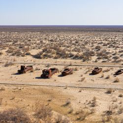 Rusty ships lying on the seabed of the dried-up Aral Sea in Moynaq (or Muynak), a former fishing town in Karakalpakstan, Uzbekistan