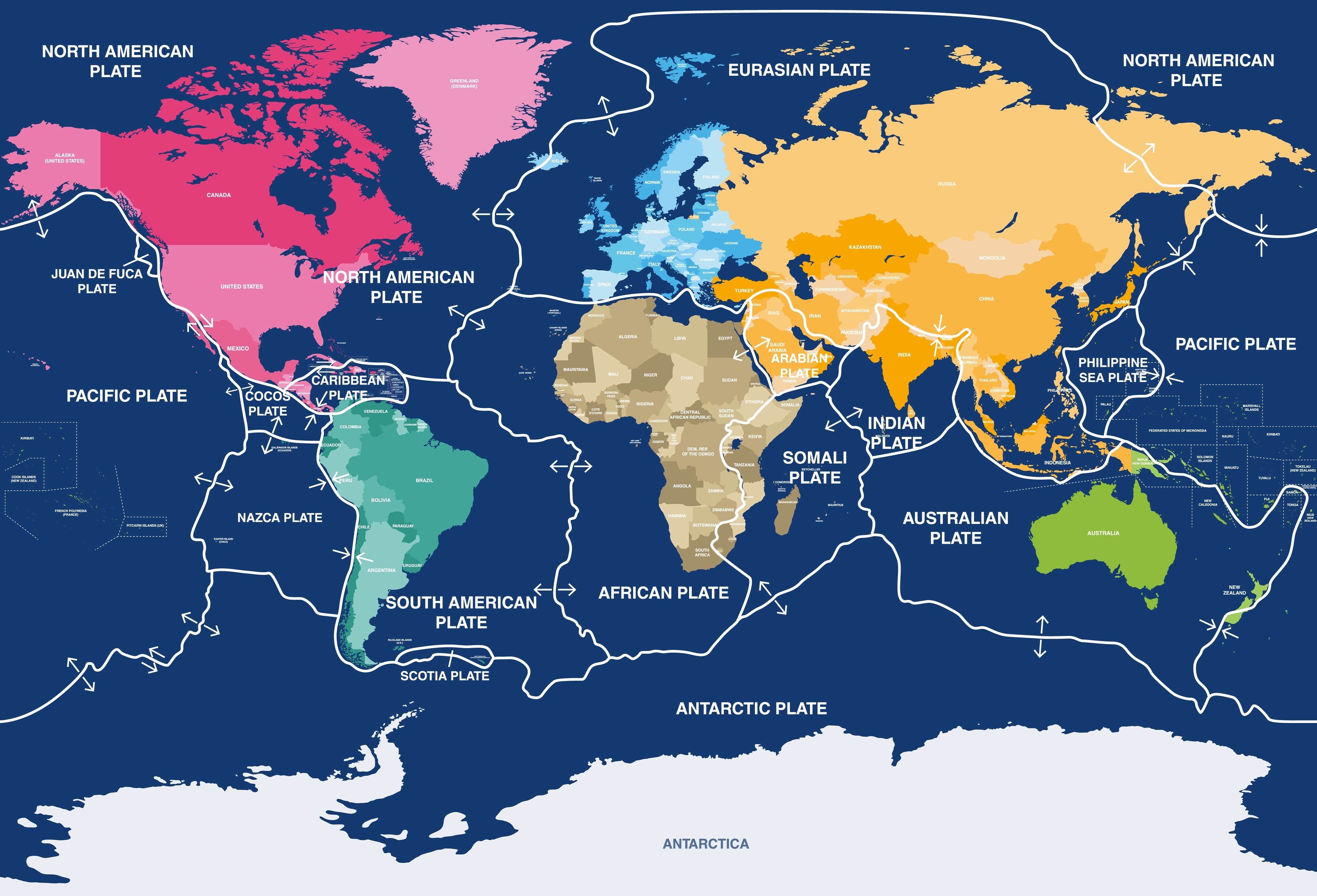 A world map showing the main tectonic plates on Earth's surface. A world map showing the main tectonic plates on Earth's surface.
