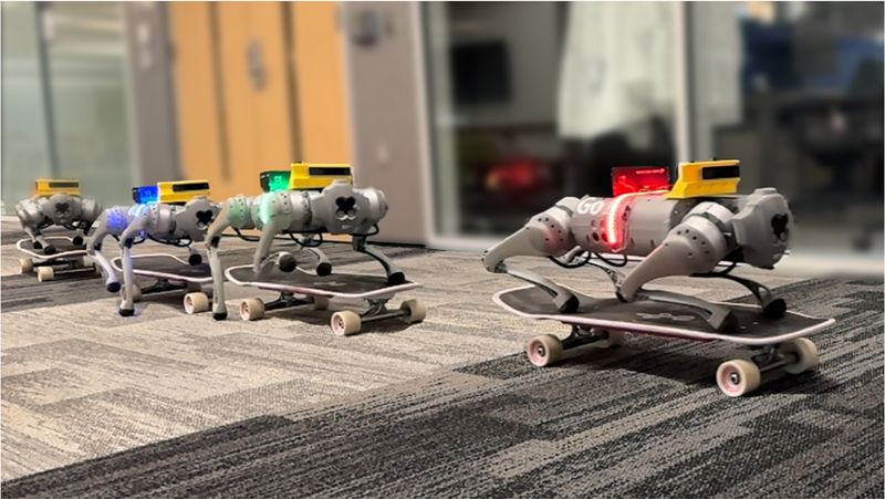 four little robots skateboarding on their lil tummies