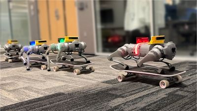 four little robots skateboarding on their lil tummies