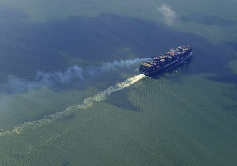 A cargo ship cruises in the South China Sea near Hong Kong, China 
