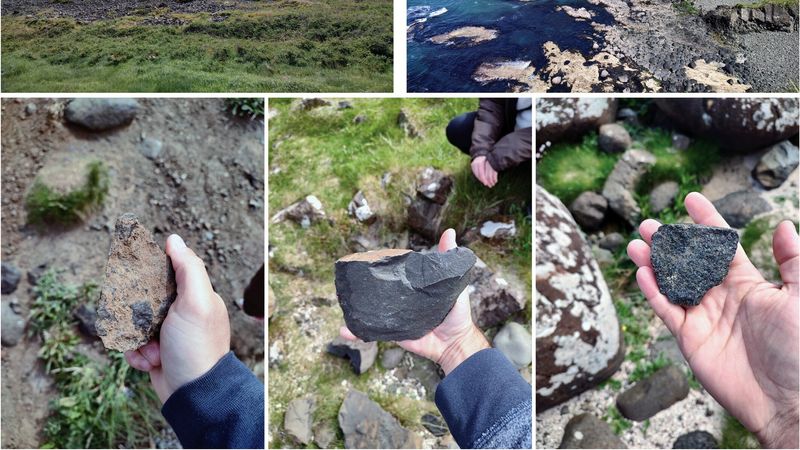 Examples of naturally produced sharp-edged basalt specimens (bottom row) found near Giant's causeway, Northern Ireland.