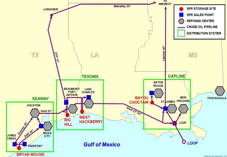 Map showing the location of the Strategic Petroleum Reserves in Texas and Louisiana, USA, in 2018. Map showing the location of the Strategic Petroleum Reserves in Texas and Louisiana, USA, in 2018.