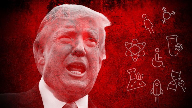 An image of trump on a red background with many stylized symbols showing the attack on women, gender minority, disable people, and science.