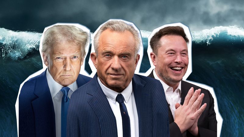 Trump, Robert Kennedy Jr, and Elon Musk with behind a tsunami wave 