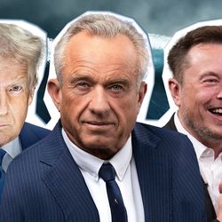 Trump, Robert Kennedy Jr, and Elon Musk with behind a tsunami wave 