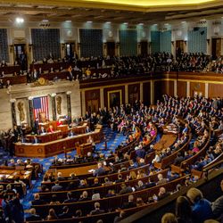 The photo shows the US Congress meeting and mingling on the house floor. The seating is arranged in the iconic semi-circular set up. The seats are filled with representatives, as is the upstairs balcony. 