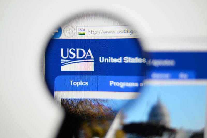 A photo showing a close up of the USDA's company symbol on its website, just below the URL bar. The closeup is framed within an effect that makes it look like it is being examined by a magnifying glass. 