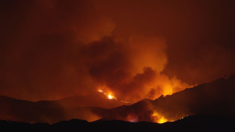 Photo of tge Wildfire across Woolsey california in 2019. hills silouetted against the fire and smoke