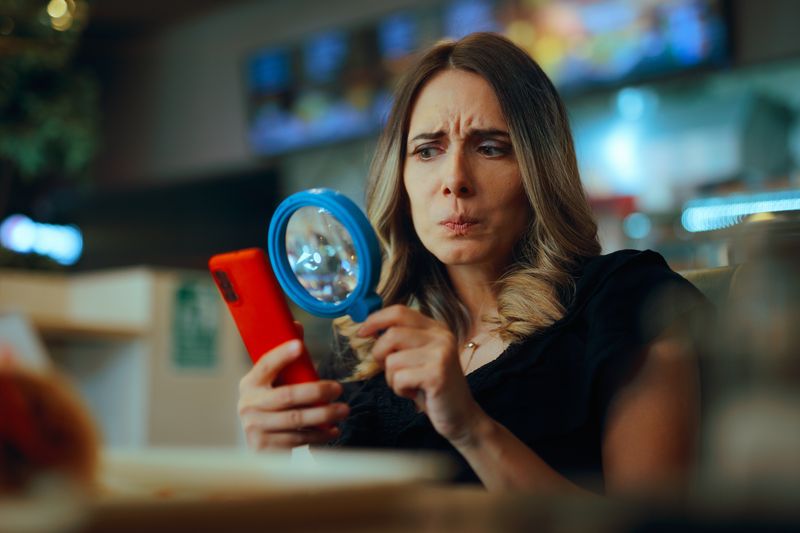 Woman looking at phone through magnifying glass looking perplexed