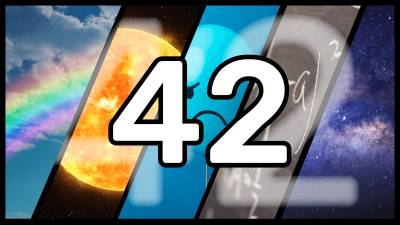 number 42 superimposed across diagonal panels depicting a rainbow, the sun, a balloon, a maths equation, and the galaxy