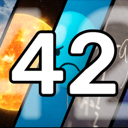 number 42 superimposed across diagonal panels depicting a rainbow, the sun, a balloon, a maths equation, and the galaxy