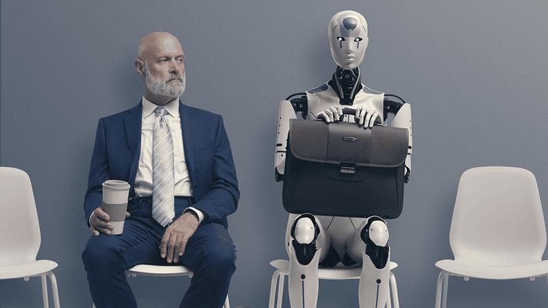 Human and a robot waiting for an interview.