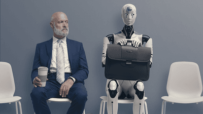Human and a robot waiting for an interview.