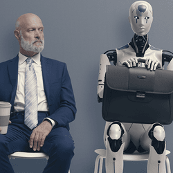 Human and a robot waiting for an interview.