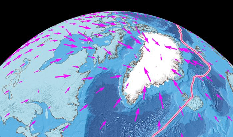 Simulation of the changes to North America and Greeland's movements as a result of melting ice sheets at the end of the last ice age, with the mid-Atlantic ridge in red.