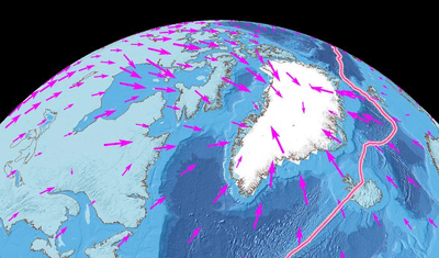 Simulation of the changes to North America and Greeland's movements as a result of melting ice sheets at the end of the last ice age, with the mid-Atlantic ridge in red.