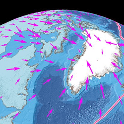 Simulation of the changes to North America and Greeland's movements as a result of melting ice sheets at the end of the last ice age, with the mid-Atlantic ridge in red.