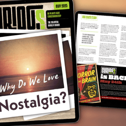 Picture of the cover of CURIOUS magazine: a cover with stacked polaroids showing a sunset in sepai tones adn the cover question"why do we love nostalgia?"