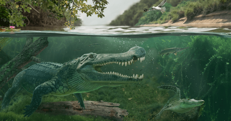 Artist's reconstruction of a late Cretaceous waterway with two Deinosochus waiting for a dinosaur to come down to feed. 