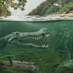 Artist's reconstruction of a late Cretaceous waterway with two Deinosochus waiting for a dinosaur to come down to feed. 
