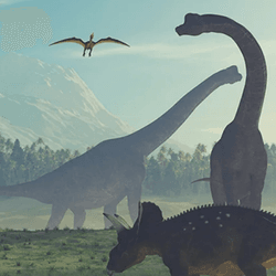 A tropic landscape of long-necked dinosaurs, with a modern dog photoshopped into the forefront.