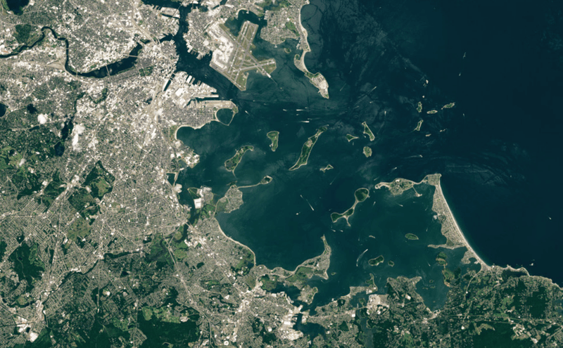 Satellite image of the drumlin islands in the Boston Harbor Islands National & State Park. 