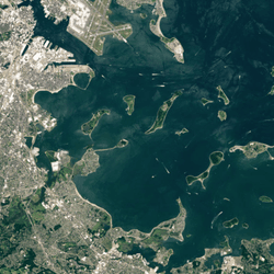 Satellite image of the drumlin islands in the Boston Harbor Islands National & State Park. 