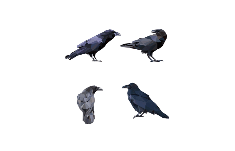 Four illustrated crows in a geometric design on a white background
