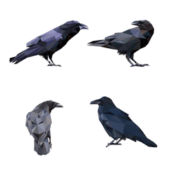 Four illustrated crows in a geometric design on a white background