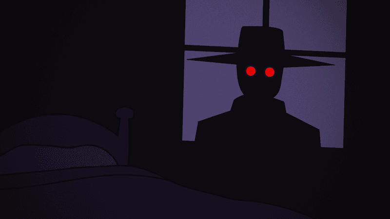 A shadowy silhouette of a person - most likely a man- wearing a hat and with glowing red eyes in front of a bedroom window in a room by a bed