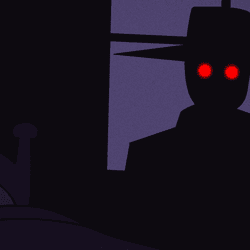 A shadowy silhouette of a person - most likely a man- wearing a hat and with glowing red eyes in front of a bedroom window in a room by a bed