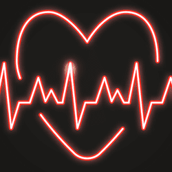 A cartoon heart, with a line indicating a heart rate above it.