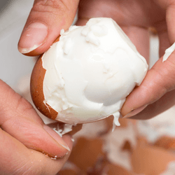 someone making a real hash of peeling a boiled egg