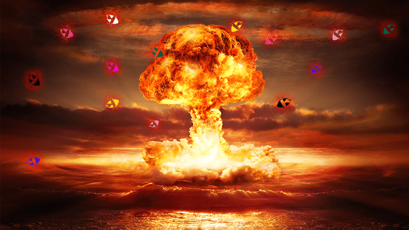 Illustration of a mushroom cloud explosions with bikinis flying out of it