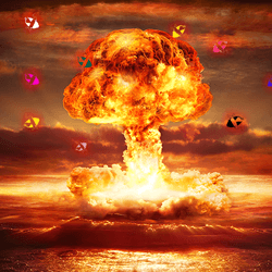 Illustration of a mushroom cloud explosions with bikinis flying out of it