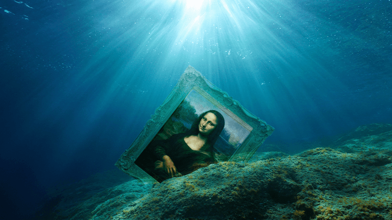 mona lisa in a frame lodged in some rocks under the sea
