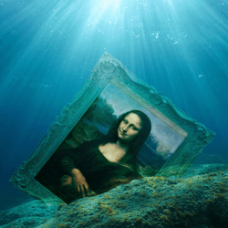 mona lisa in a frame lodged in some rocks under the sea