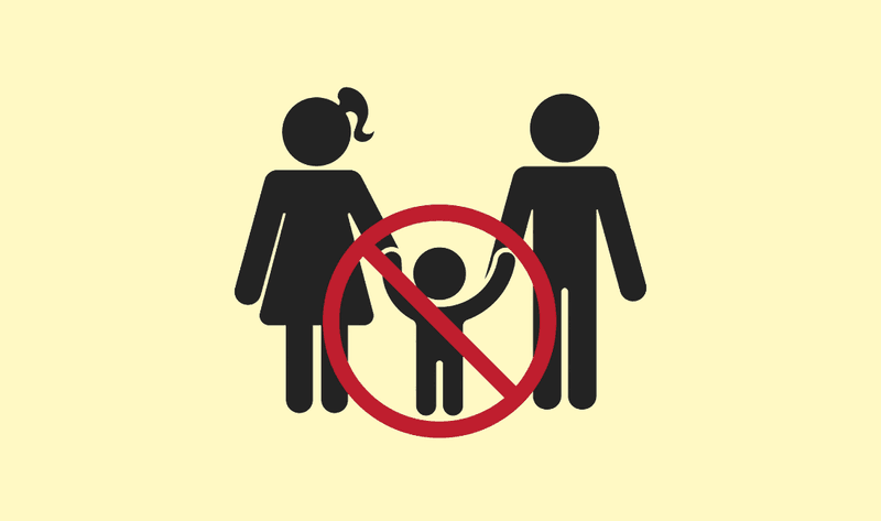 black and white graphic of a man and a woman holding hands with a child in the middle of them; there is a red circular "no" sign over the child with a line through it. The graphic is on a cream background. 