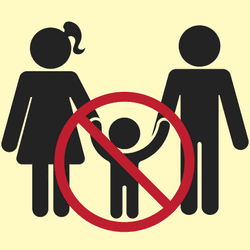 black and white graphic of a man and a woman holding hands with a child in the middle of them; there is a red circular "no" sign over the child with a line through it. The graphic is on a cream background. 
