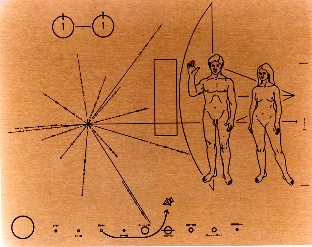 The Pioneer plaque, depicting one naked man and one naked woman. The Pioneer plaque, depicting one naked man and one naked woman.