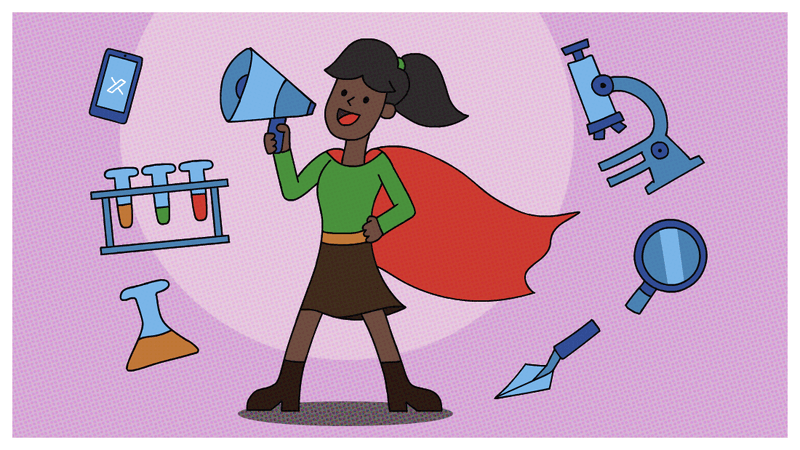 A female Black scientist with a megaphone and a superhero cape surrounded by science-y equiptment and a phone with the symbol for X/Twitter 