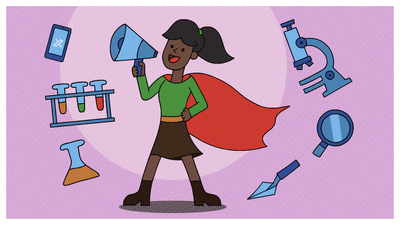 A female Black scientist with a megaphone and a superhero cape surrounded by science-y equiptment and a phone with the symbol for X/Twitter 