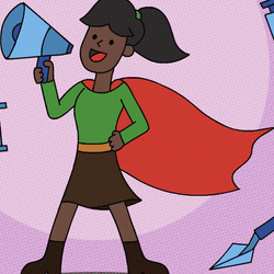 A female Black scientist with a megaphone and a superhero cape surrounded by science-y equiptment and a phone with the symbol for X/Twitter 