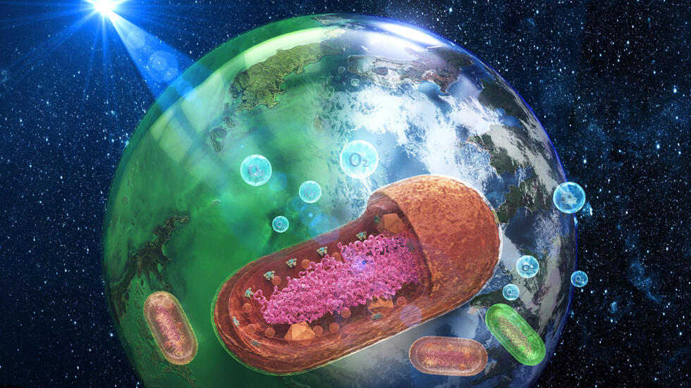 A representation of the Earth at the time of the Great Oxidation event and the cyanobacteria that were the main life form of the time. A representation of the Earth at the time of the Great Oxidation event and the cyanobacteria that were the main life form of the time.