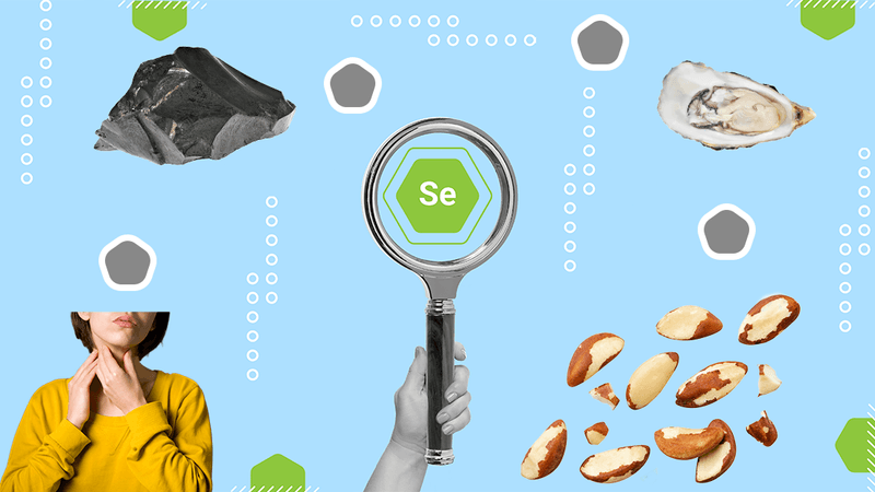 collage representing selenium: a magnifying glass focusing on its element symbol; a lump of selenium; an open, raw oyster; scattered Brazil nuts; and a woman touching her neck, checking her thyroid