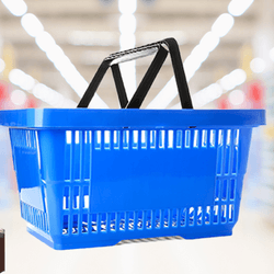 blue plastic shopping basket in the centre, with a backdrop of an out-of-focus supermarket aisle. On the left are three images representing shopping (from top to bottom, a green bag of produce, a hand holding a receipt, and a wireless card reader with a hand tapping a contactless credit card). On the right are three images to represent health (from top to bottom: a heart monitor, a stethoscope, and a red first aid kit).