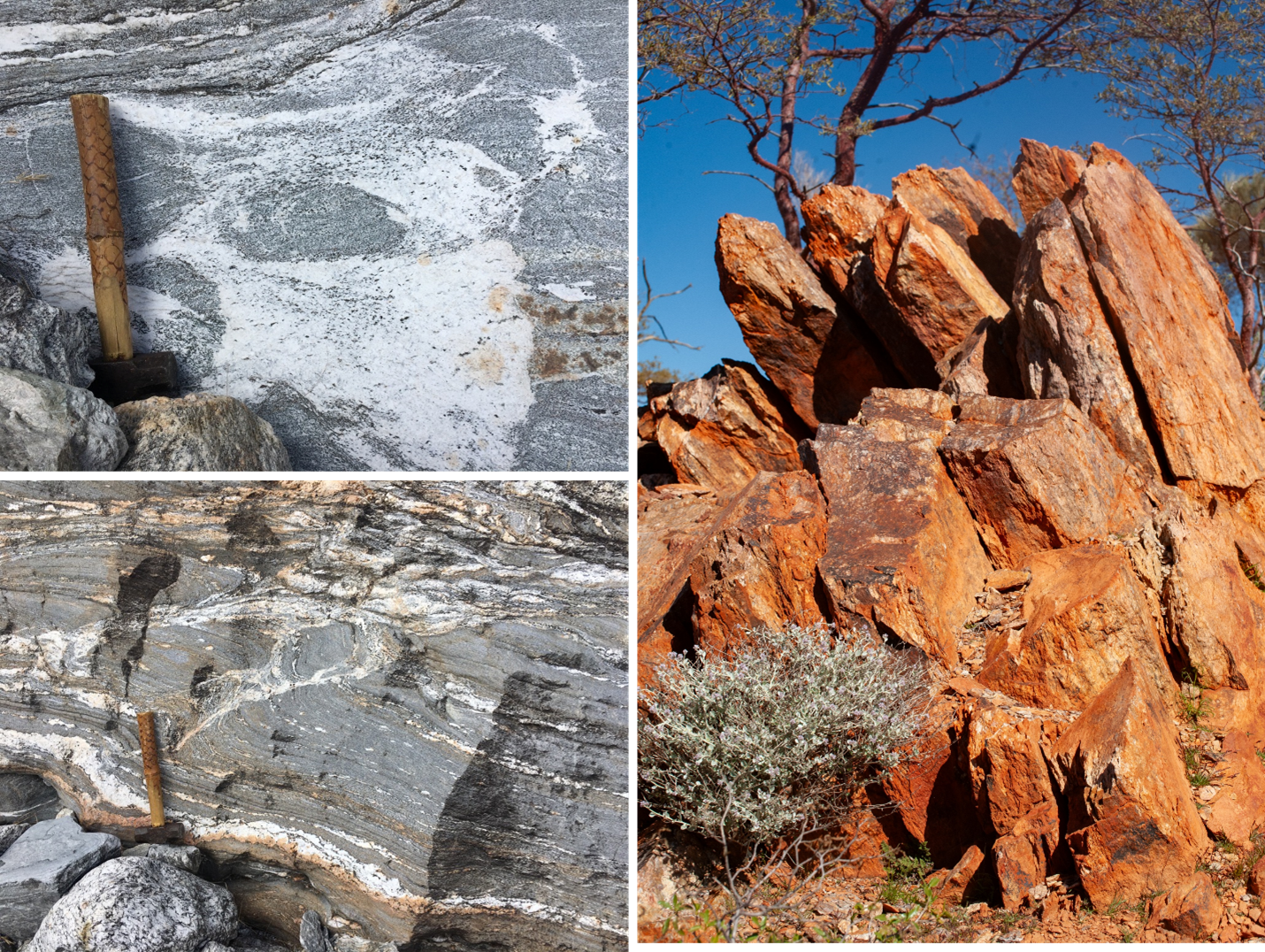 Magma melt incorporating sediment (“S-type” granite) from the Himalaya (left) and the discovery site of the Jack Hills zircon in Western Australia (right). Magma melt incorporating sediment (“S-type” granite) from the Himalaya (left) and the discovery site of the Jack Hills zircon in Western Australia (right).