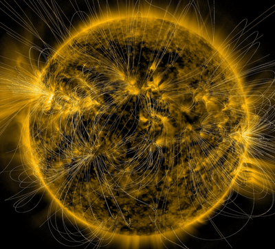 A depiction of the Sun’s magnetic fields is overlaid on an image of the Sun captured in extreme ultraviolet light by NASA’s Solar Dynamics Observatory on March 12, 2016. 